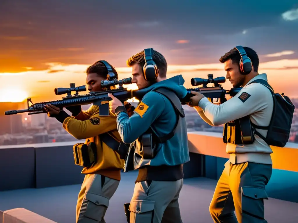 Equipo de FreeFire en el atardecer, estrategias y coordinación en la batalla urbana, determinación en sus rostros