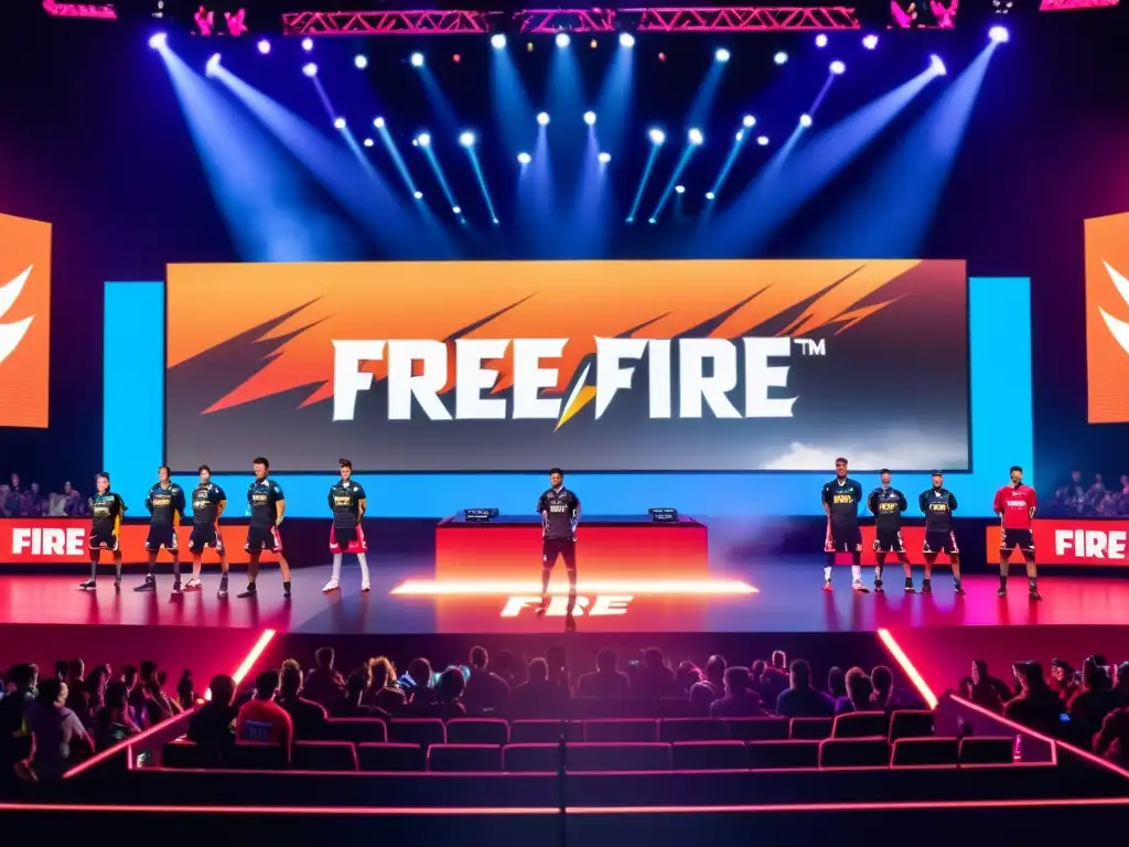 Equipo de atletas de esports de Free Fire en escenario con patrocinios innovadores, rodeados de multitud entusiasta y energía intensa