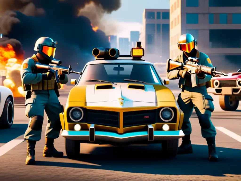 Equipo de Free Fire detrás de un auto en llamas, ejecutando tácticas indestructibles con precisión y determinación en el caos urbano del juego