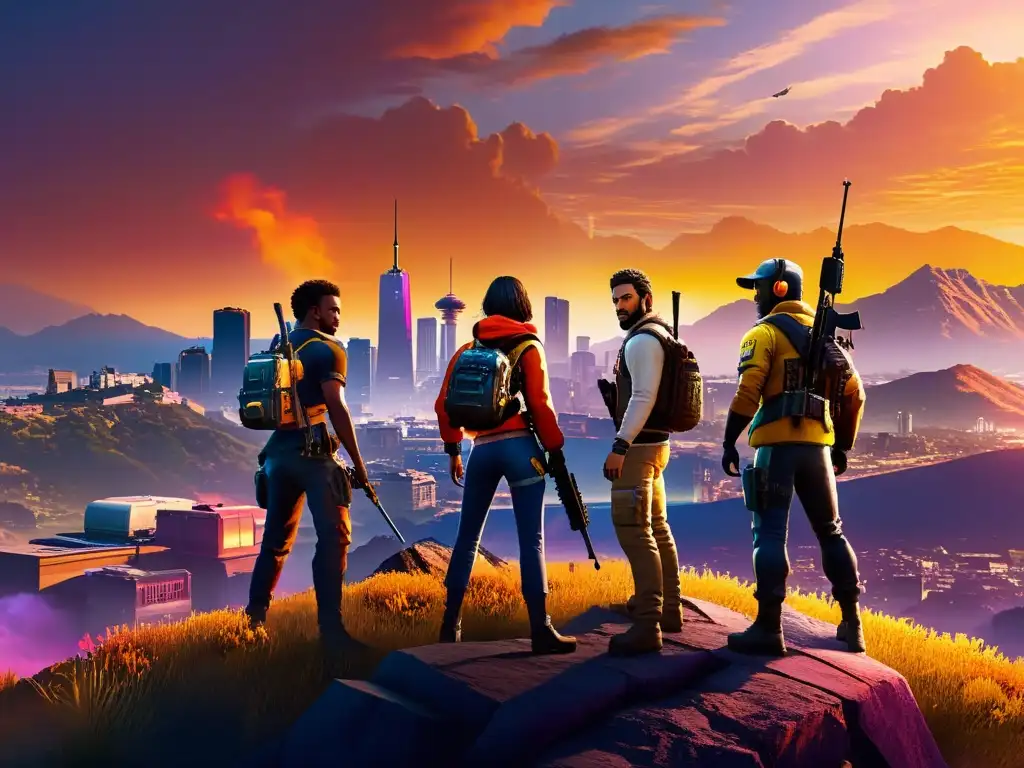 Equipo de Free Fire en la cima, con estrategias coordinadas y la ciudad vibrante de fondo al atardecer