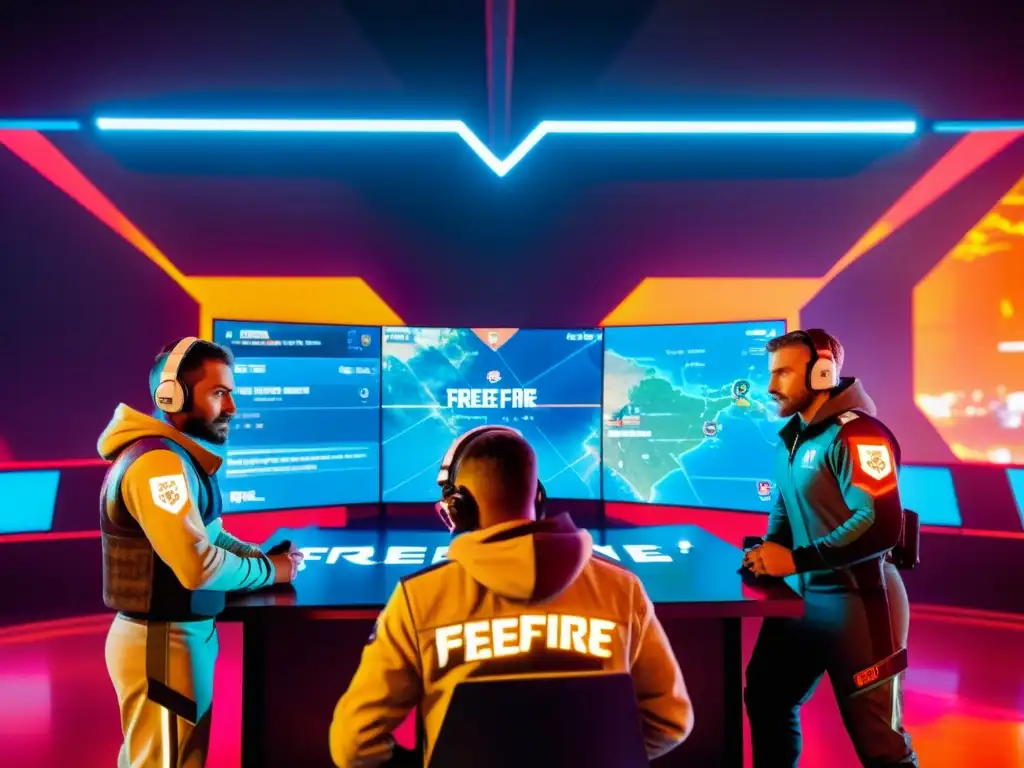 Equipo de FreeFire concentrado en estrategias competitivas, en un ambiente futurista y vibrante