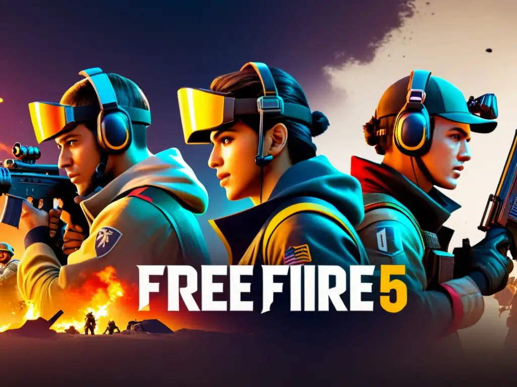 Equipo diverso en Free Fire, estrategizando y comunicándose intensamente detrás de una barricada en un ambiente urbano dinámico