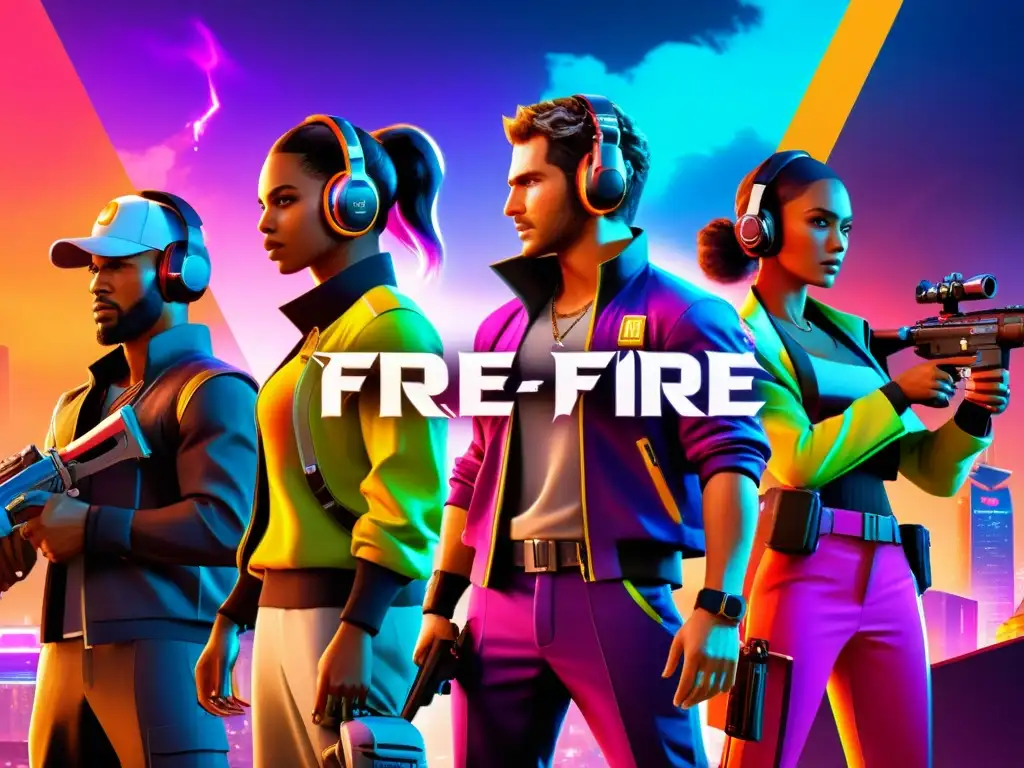 Equipo diverso de jugadores de Free Fire en colaboración estratégica, con trajes vibrantes, en un escenario urbano futurista