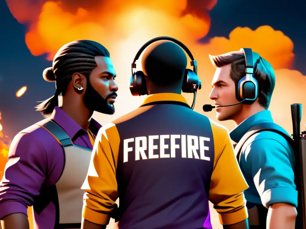 Un equipo diverso de jugadores de FreeFire se comunica y coordina en una intensa partida