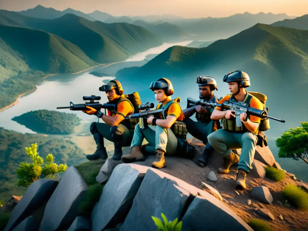 Equipo de élite de FreeFire en tácticas avanzadas, estratégicamente ubicado en montañas, planificando el combate en bosques