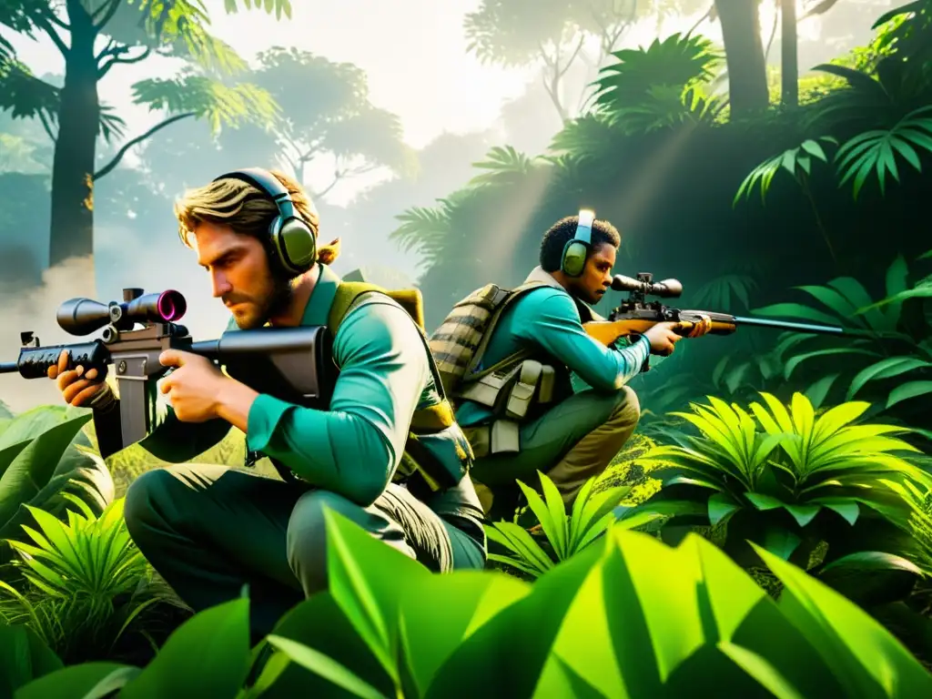 Equipo en emboscada, camuflados en la selva de Free Fire, preparados para atacar