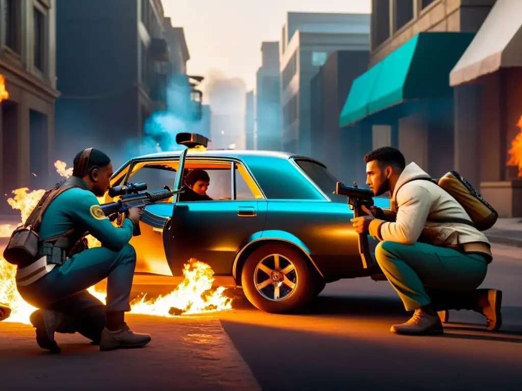 Equipo de FreeFire escapa emboscadas mortales, concentración y determinación en la intensa escena urbana iluminada por las llamas