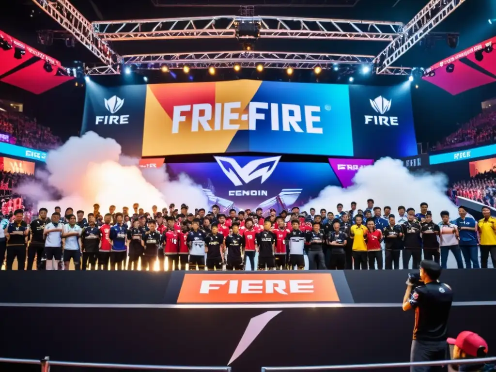 Equipo de esports en el escenario con fans animados, luciendo marcas para patrocinios FreeFire en sus uniformes