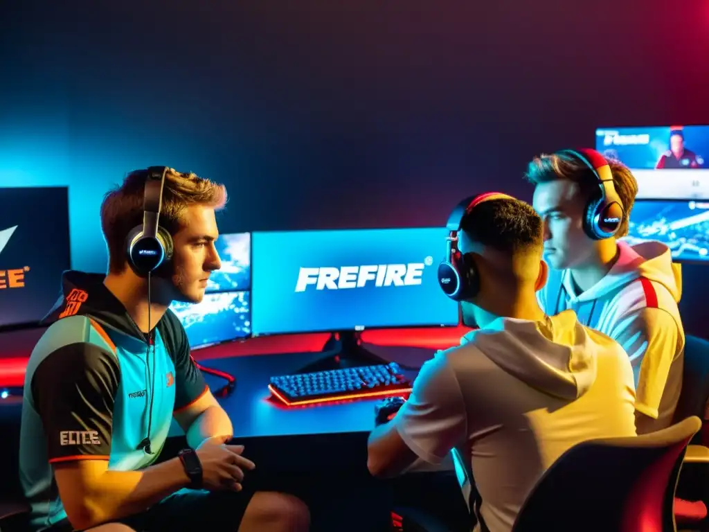 Equipo de eSports de FreeFire analizando estrategias y datos en la oscuridad, proyectando determinación y confianza