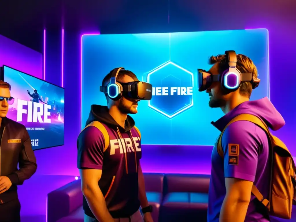 Equipo Free Fire innovando estrategias en ambiente futurista con hologramas y tecnología de vanguardia en tonos azul y morado