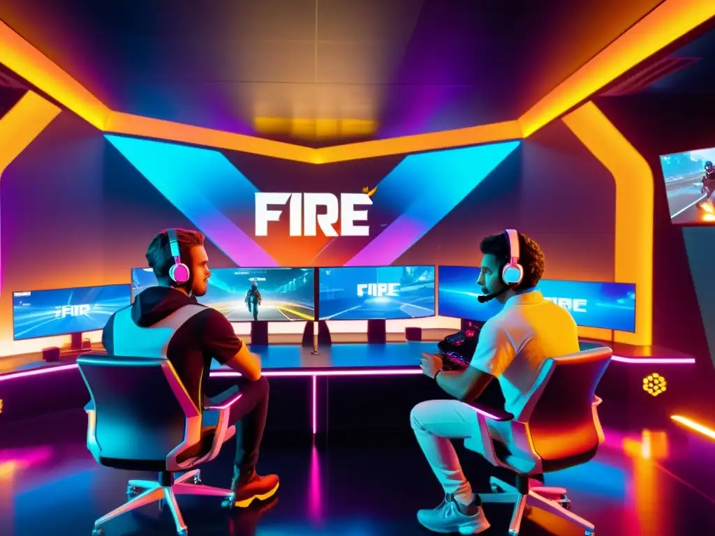 Equipo Free Fire innovando estrategias en un ambiente futurista, con pantallas brillantes y muebles elegantes