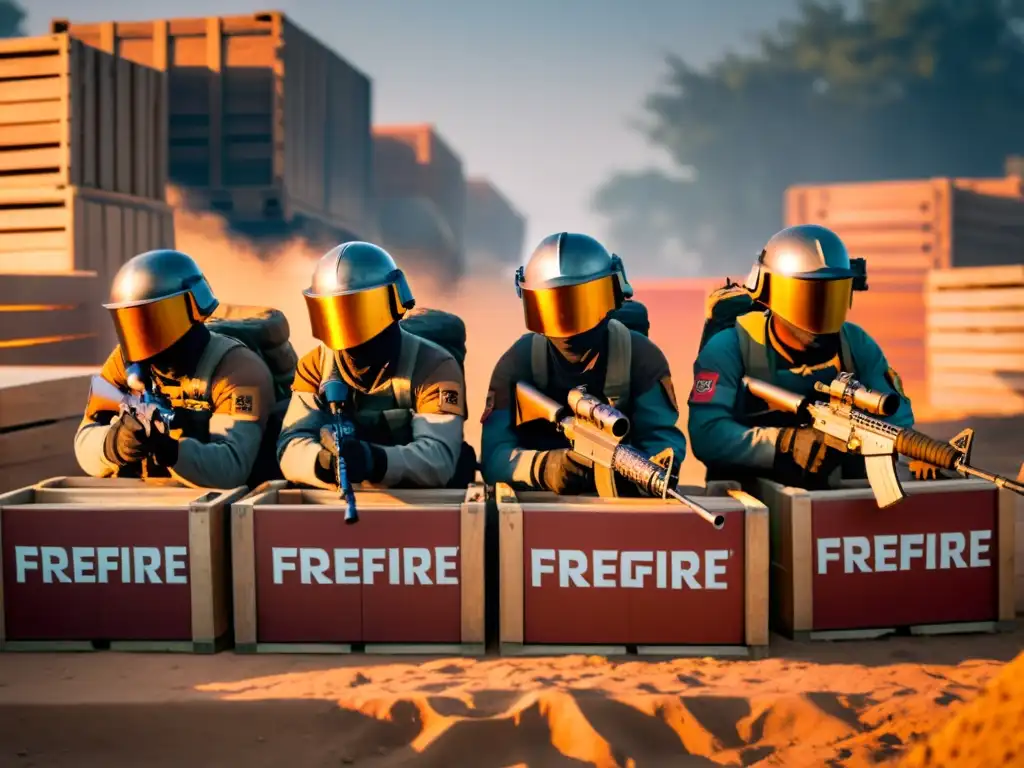 Equipo de FreeFire en estrategias defensivas, listos para el atardecer en el campo de batalla, con enemigos acercándose