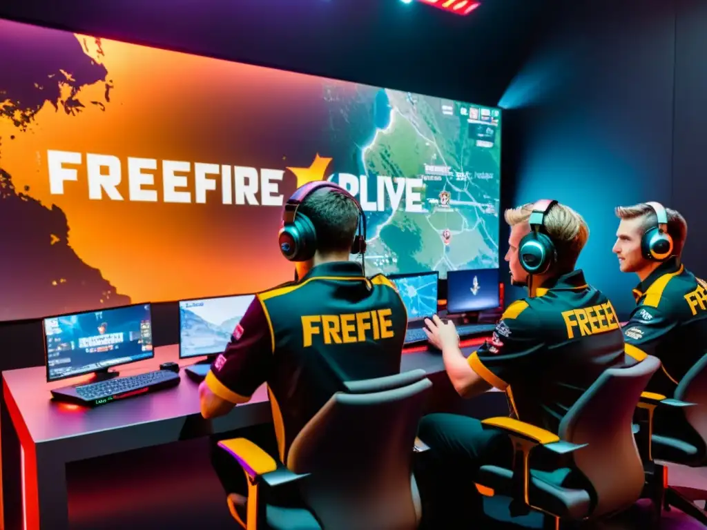 Equipo de FreeFire coordina estrategias en sala iluminada, ambiente futurista y táctico, planificando conquista