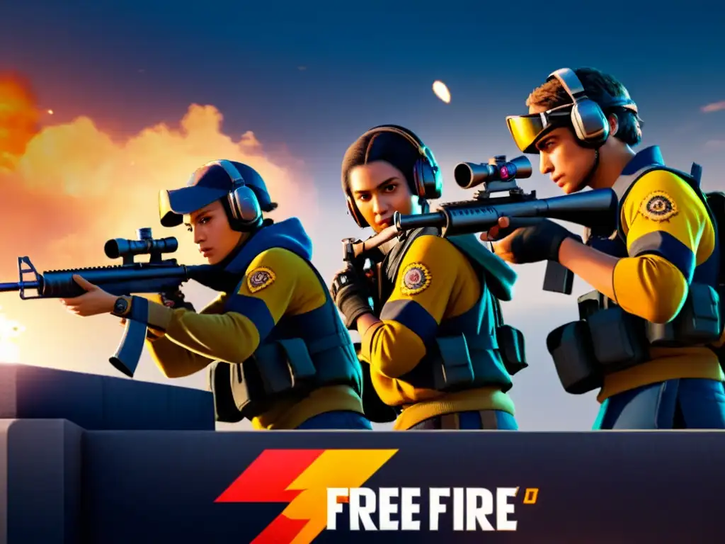 Equipo de Free Fire en estratégica ofensiva, armados y en tensión durante el atardecer