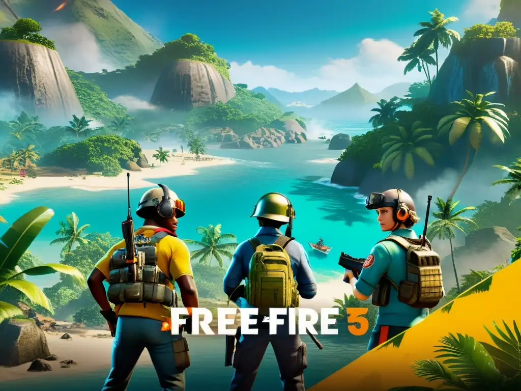 Equipo estratégico en un exuberante mapa tropical de Free Fire