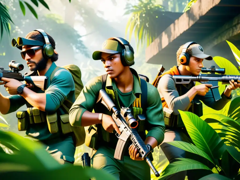 Equipo estratégico en la jungla del juego Free Fire, camuflaje, armas, preparando emboscada a enemigos