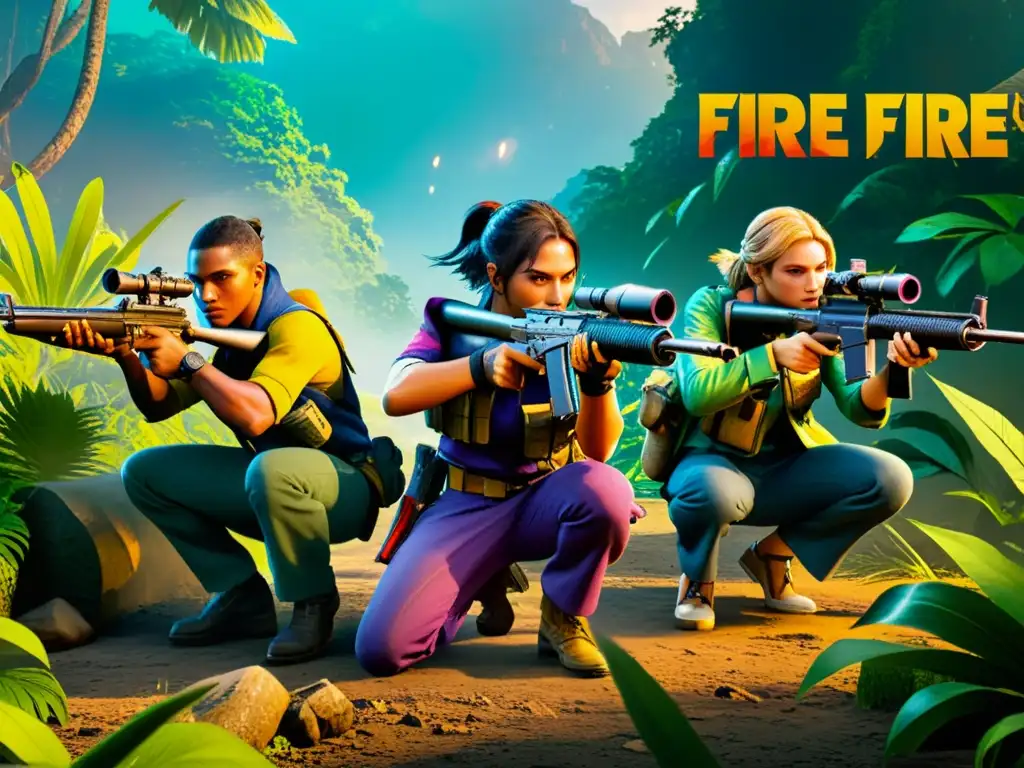 Equipo estratégico en jungla con tácticas infalibles principiantes Free Fire: armados, enfocados y listos para la batalla