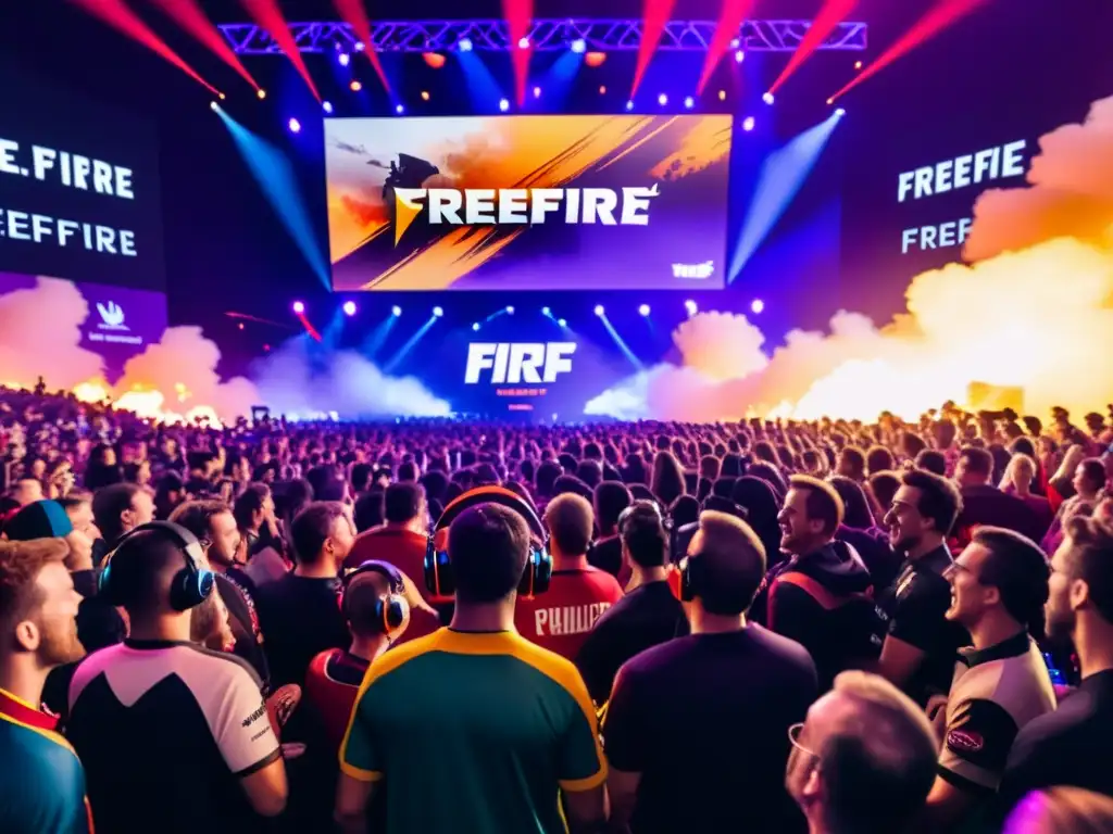 Equipo de gamers profesionales en evento de lanzamiento en FreeFire, rodeados de multitud y luces vibrantes en el escenario