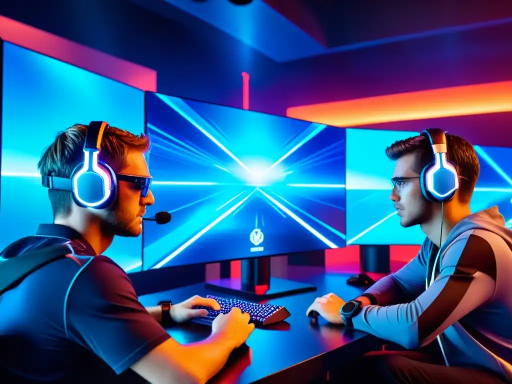 Equipo de gamers profesionales con headsets futuristas y pantallas high-tech, concentrados en el Entrenamiento avanzado Free Fire IA