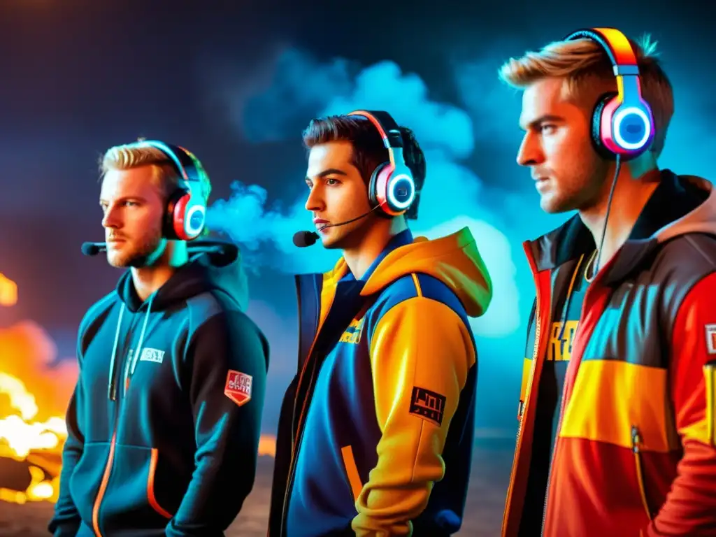 Un equipo de gamers profesionales usa los mejores auriculares gaming para Free Fire, inmersos en una intensa partida