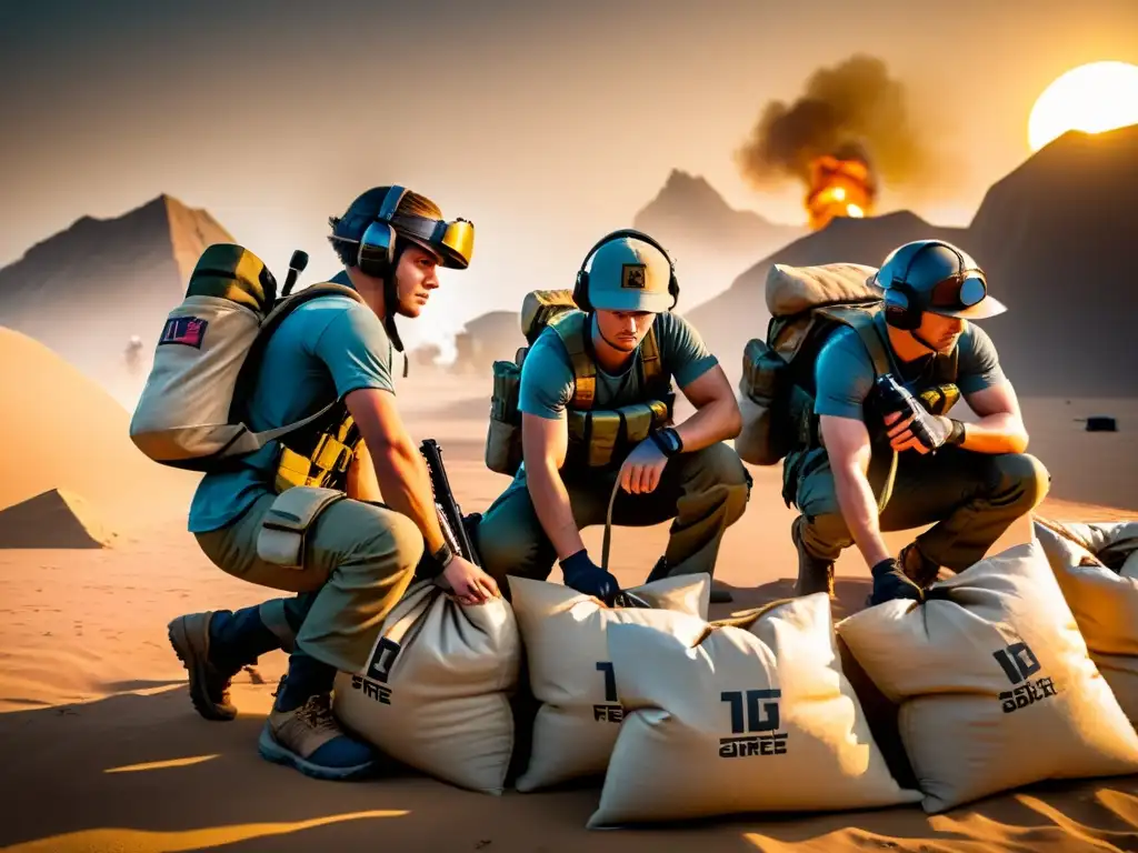 Equipo de Jonty Gaming planea estrategias de supervivencia en Free Fire, mientras el sol se pone sobre el terreno de batalla dorado