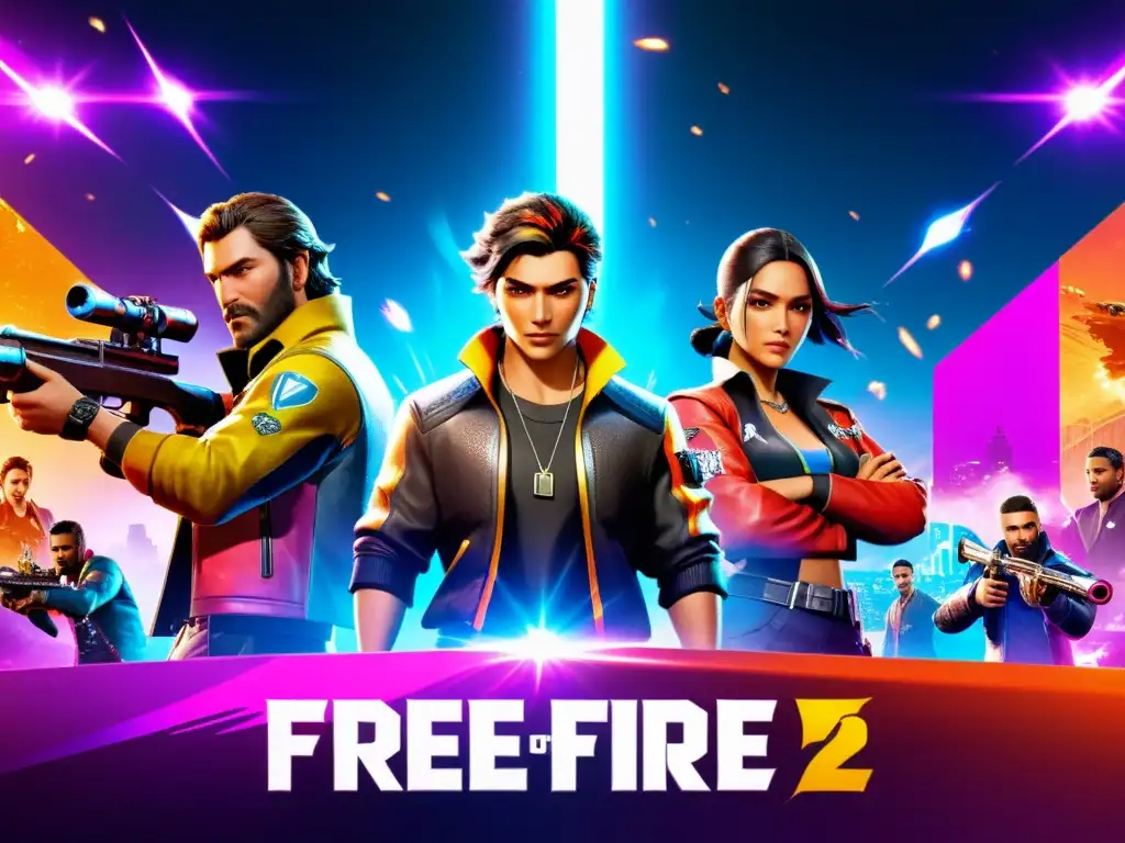 Equipo de Free Fire maximizando ganancias con diamantes en un mundo virtual vibrante y futurista