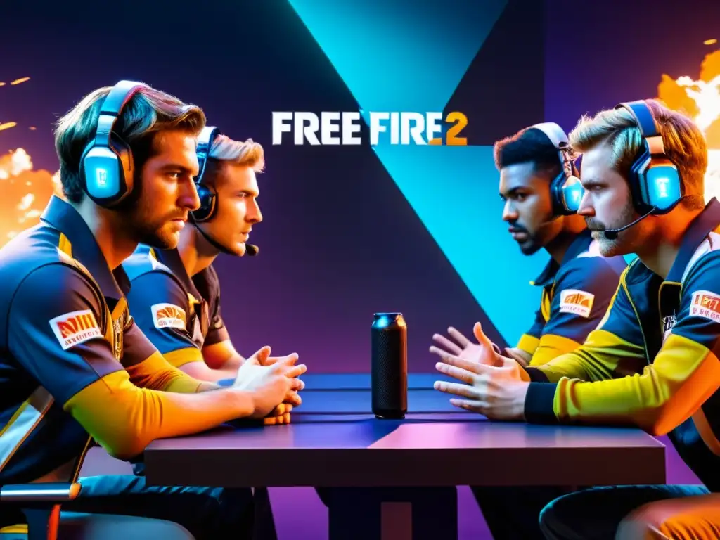 Equipo de Free Fire en intensa concentración, comunicándose con gestos y señales para un exitoso teamplay