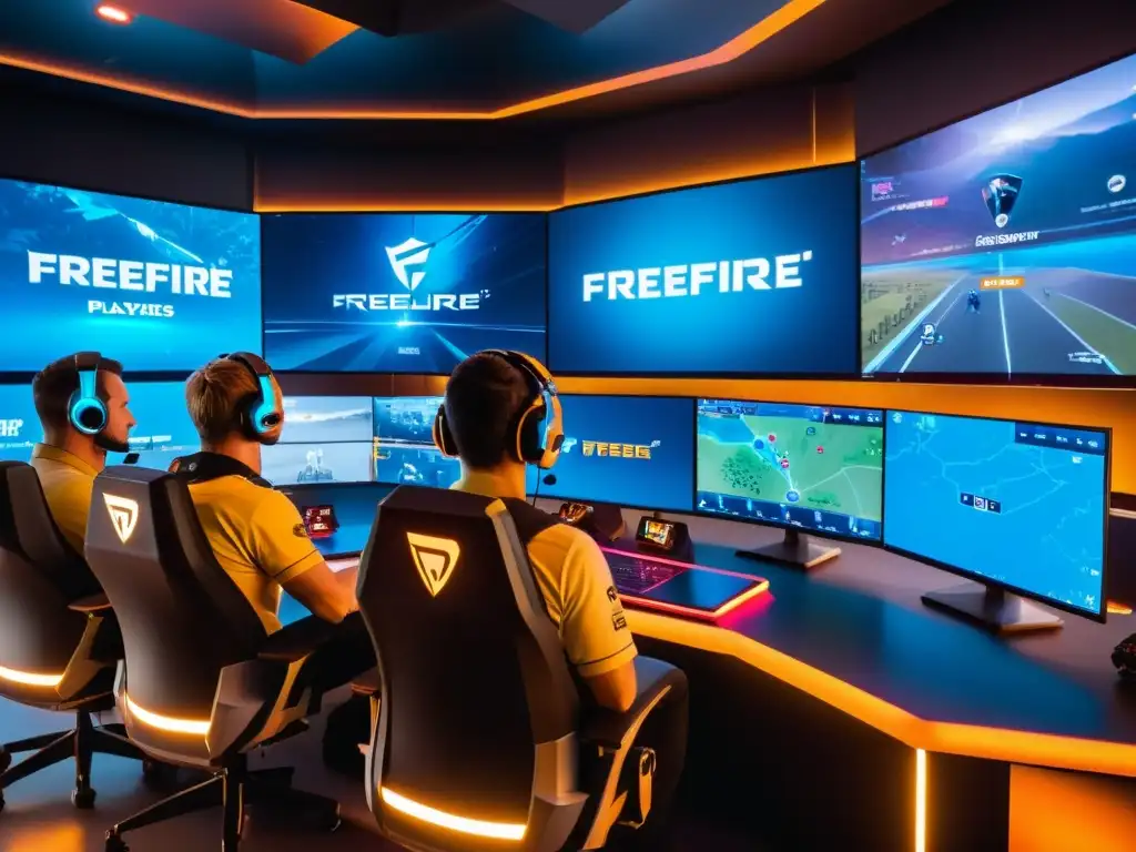 Equipo de FreeFire mejora habilidades en centro de mando futurista, estrategia y determinación en cada jugador