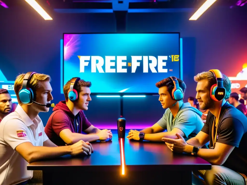 Equipo de Free Fire en intensa coordinación, comunicación efectiva y estratégica, bajo luces LED vibrantes