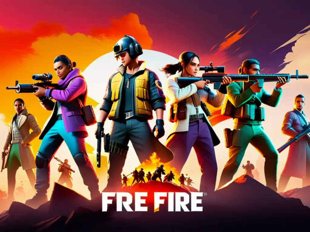 Equipo de Free Fire en intenso combate al atardecer, con líder estratégico y unidad en el escuadrón