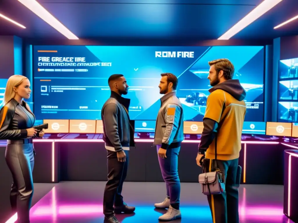 Equipo de Free Fire analizando estratégicamente el inventario en una sala futurista llena de tecnología avanzada