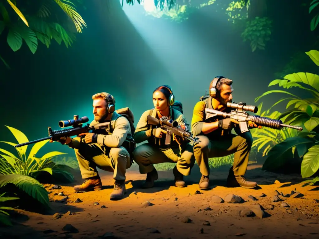 Equipo de jugadores de FreeFire agazapados en la densa jungla, listos para sorprender