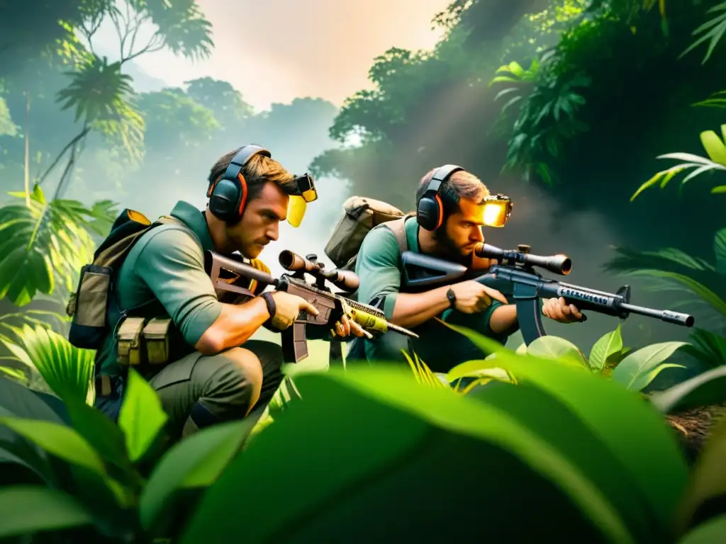 Un equipo de jugadores de FreeFire agazapados en la densa selva, con atuendos de camuflaje fundiéndose con la vegetación