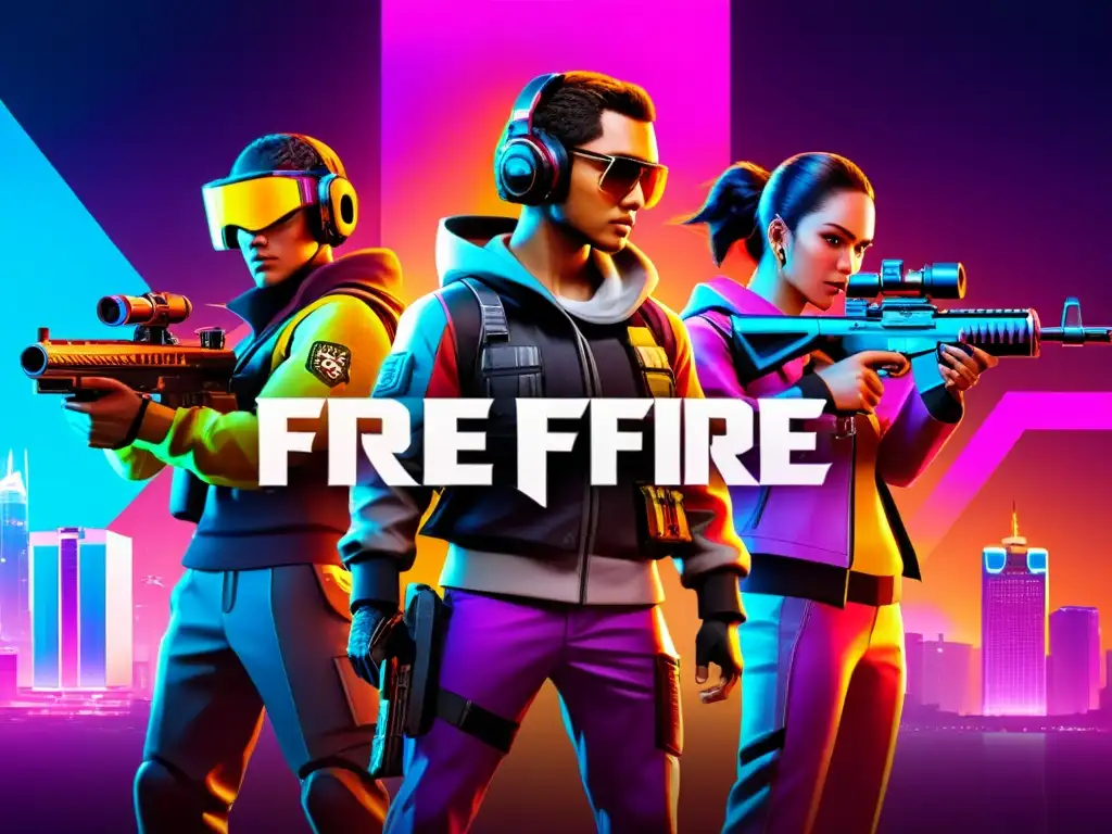 Un equipo de jugadores de Free Fire con armas poderosas en un paisaje urbano futurista