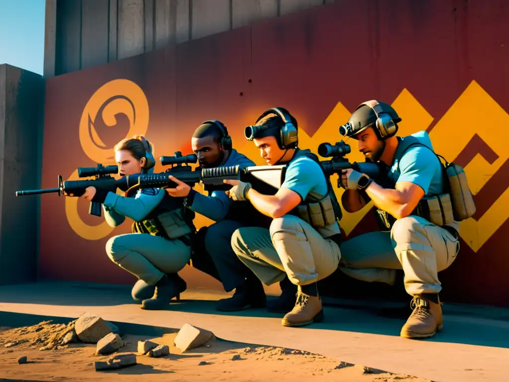 Un equipo de jugadores de FreeFire se prepara para un ataque sorpresa, con determinación y precisión en un campo de batalla urbano