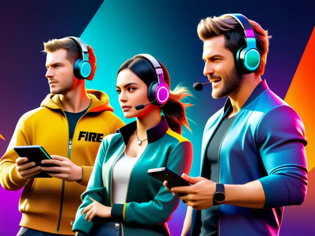 Un equipo de jugadores de Free Fire con auriculares modernos, colaborando intensamente en tácticas y comunicándose