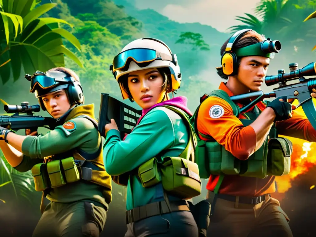 Un equipo de jugadores de Free Fire se prepara estratégicamente para la batalla en medio de la exuberante jungla