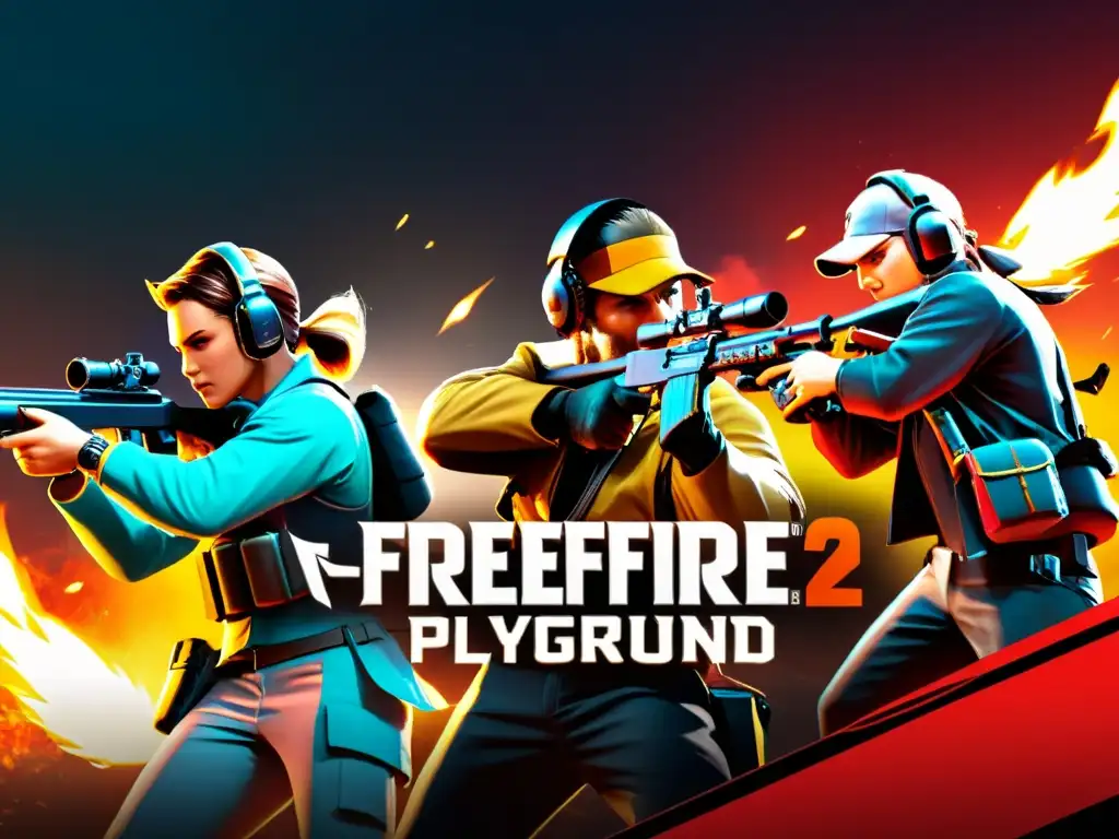 Un equipo de jugadores de FreeFire maniobrando estratégicamente en la caótica 'zona roja', mostrando habilidad y coordinación para controlarla