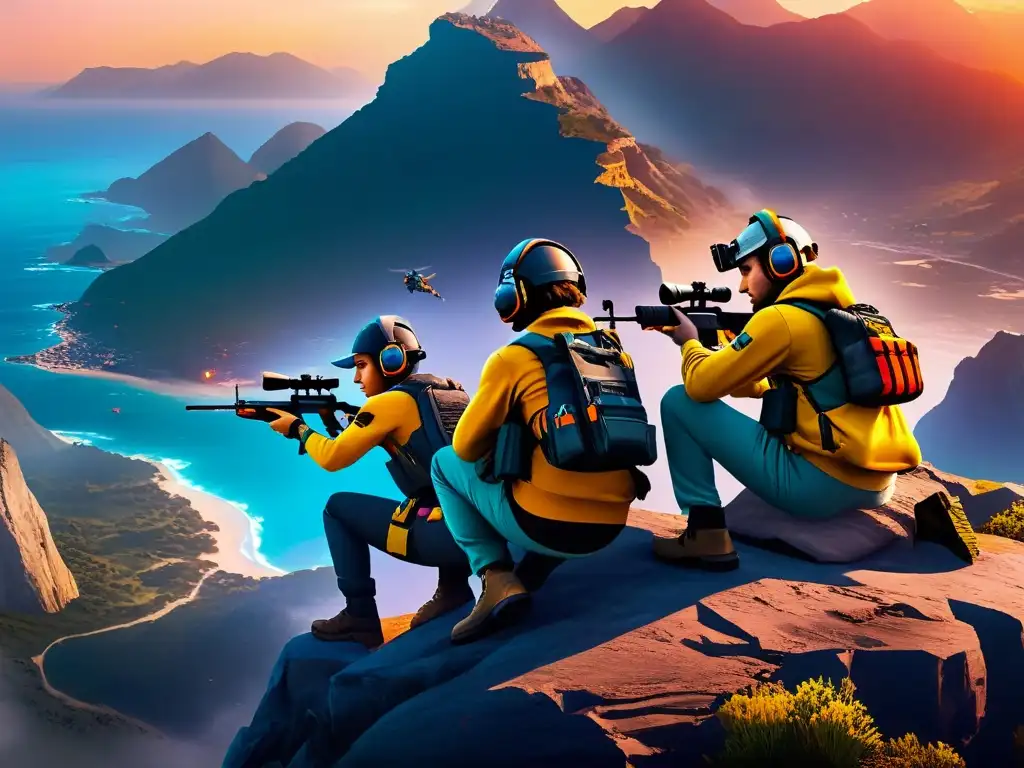 Equipo de jugadores de Free Fire en la cima de un acantilado, evaluando el mapa al atardecer