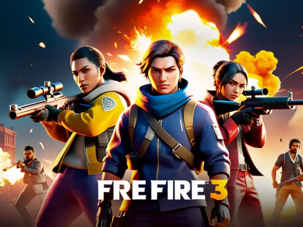 Equipo de jugadores de Free Fire en círculo, avatares imponentes, estrategia y dominio