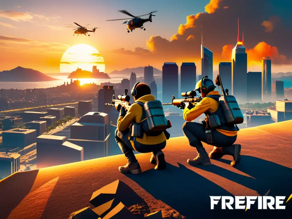 Un equipo de jugadores de FreeFire busca con precisión botín, en una ciudad vibrante al atardecer