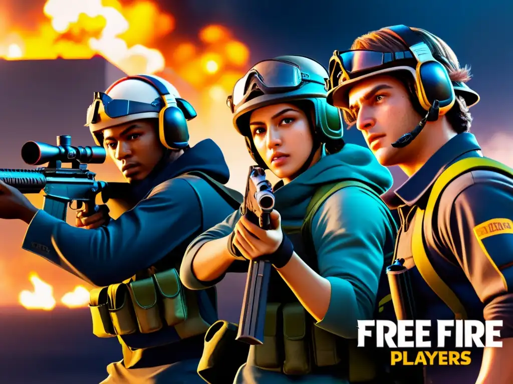 Un equipo de jugadores de Free Fire se prepara estratégicamente para el combate, mostrando determinación y enfoque en sus rostros