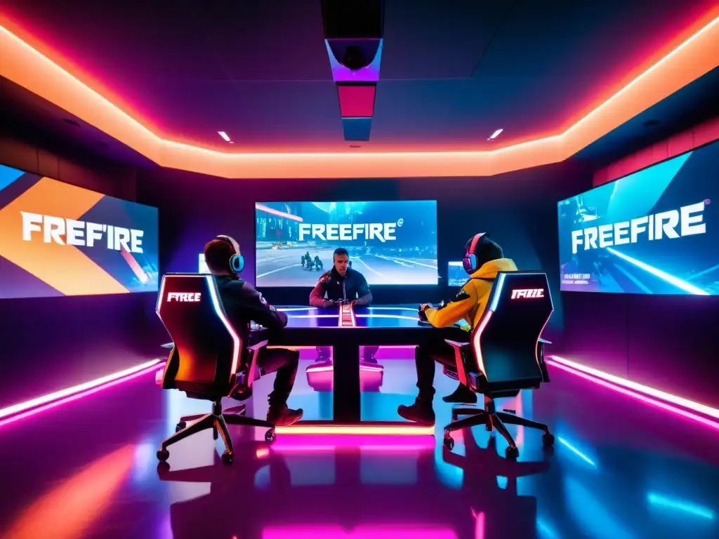 Equipo de jugadores de FreeFire concentrados en estrategias competitivas en un futurista y elegante escenario de juego, iluminado por luces de neón dinámicas