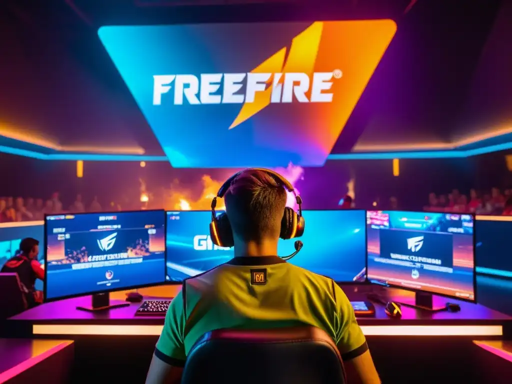 Equipo de jugadores de FreeFire concentrados en remontadas épicas en torneos, inmersos en la atmósfera eléctrica de la competición