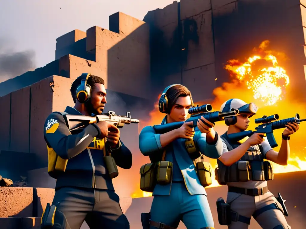 Equipo de jugadores de Free Fire tomando decisiones críticas en medio del caos de batalla al atardecer