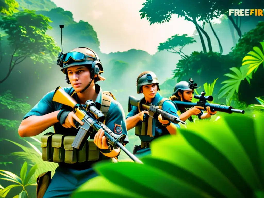 Un equipo de jugadores de Free Fire se posiciona estratégicamente en la densa jungla, con enfoque intenso en sus rostros mientras planean su siguiente movimiento