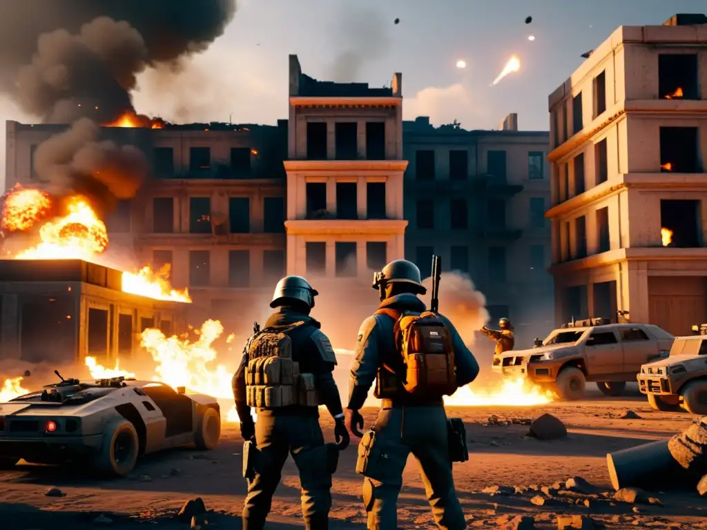 Un equipo de jugadores de FreeFire se resguarda detrás de improvisadas barricadas en un paisaje urbano devastado por la guerra al atardecer