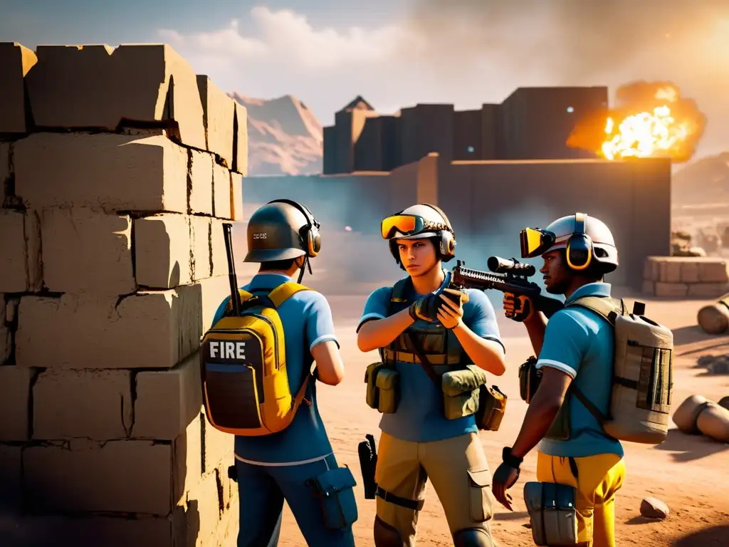 Un equipo de jugadores de Free Fire se reúne estratégicamente detrás de una pared en ruinas al atardecer, comunicándose con señales manuales