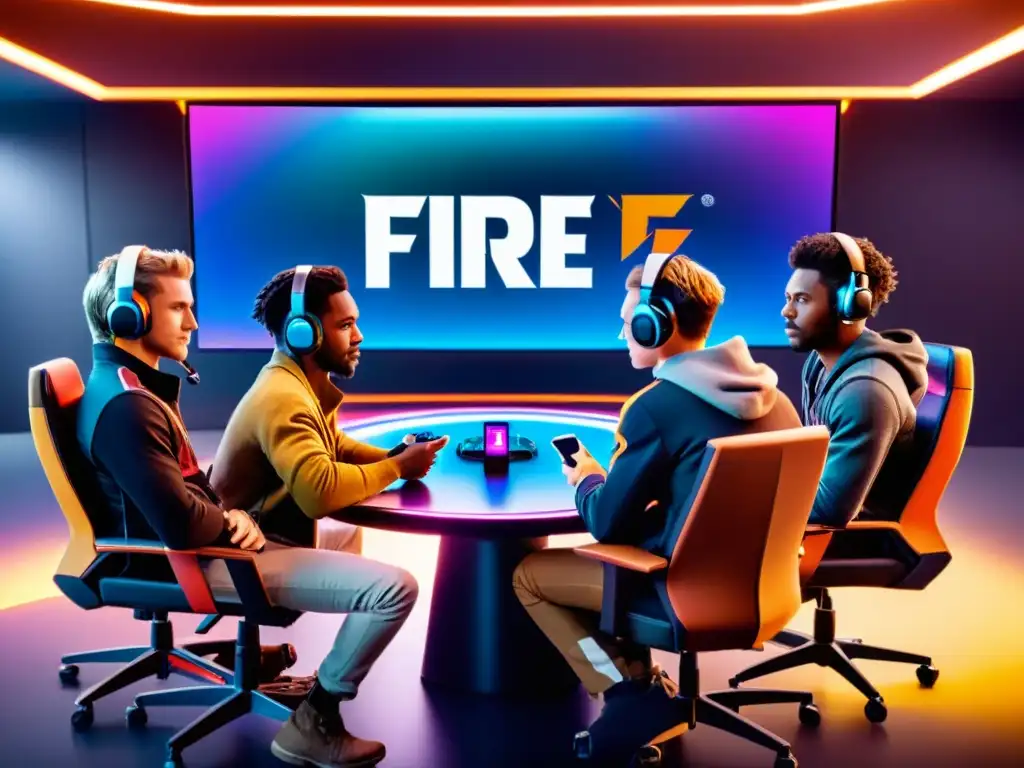 Un equipo de jugadores de Free Fire en una discusión estratégica, mostrando profesionalismo y resolución de conflictos en Free Fire