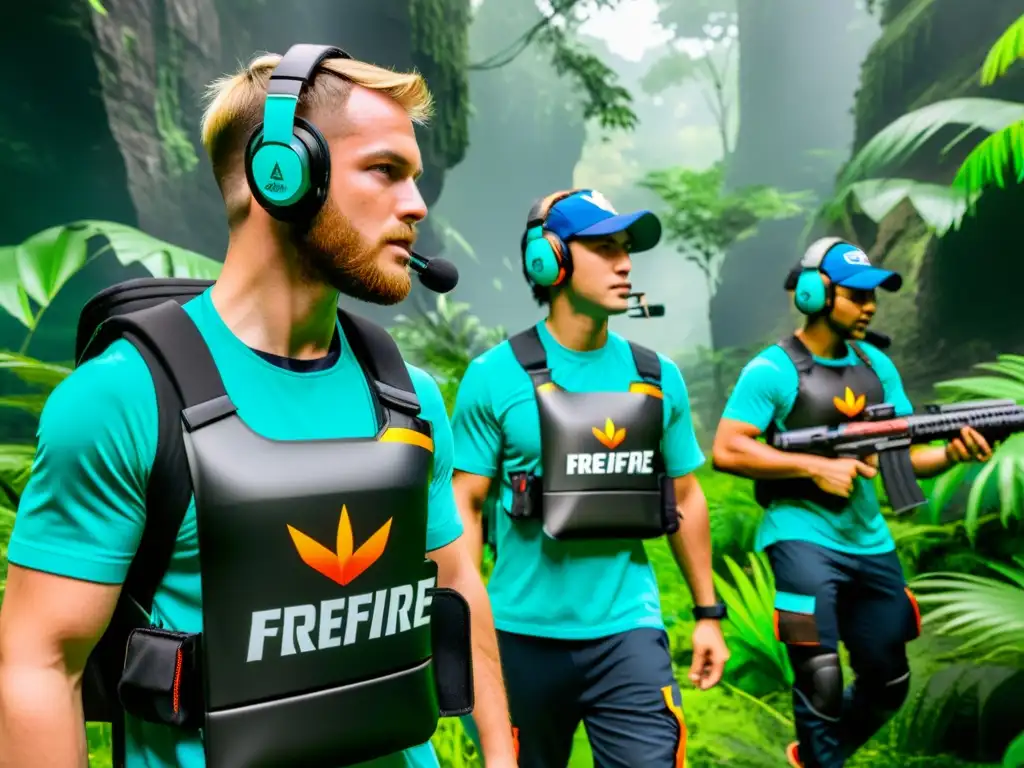 Un equipo de jugadores de FreeFire maximiza eficiencia en la gestión de recursos mientras navegan estratégicamente por una densa jungla, comunicándose y coordinando movimientos con enfoque y determinación